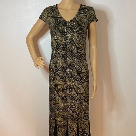 Vintage Dresses & Skirts - Black gold silver metallic short sleeve maxi dress